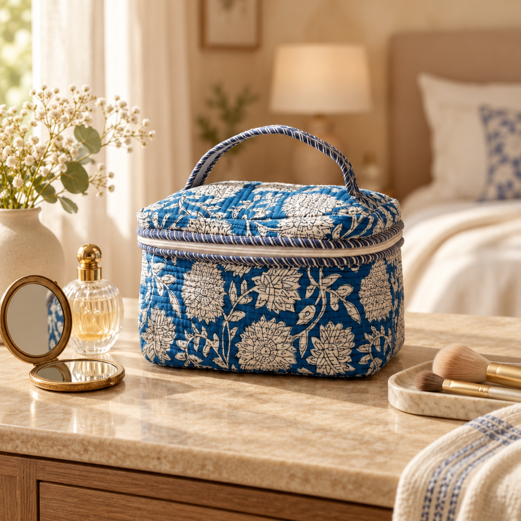 Blue Floral Quilted Vanity Pouch