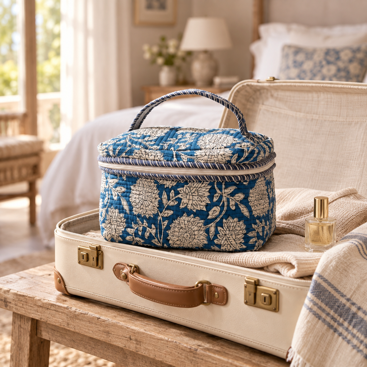 Blue Floral Quilted Vanity Pouch