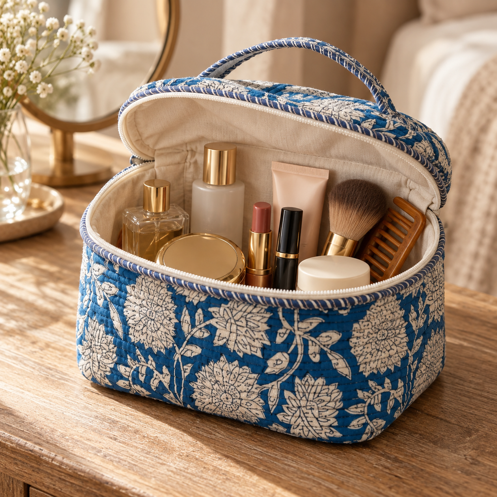 Blue Floral Quilted Vanity Pouch