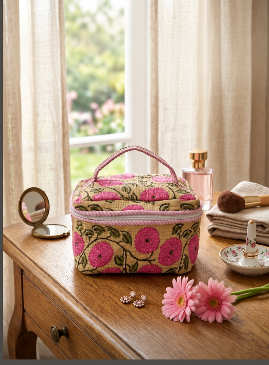 Pink Marigold Quilted Vanity Pouch