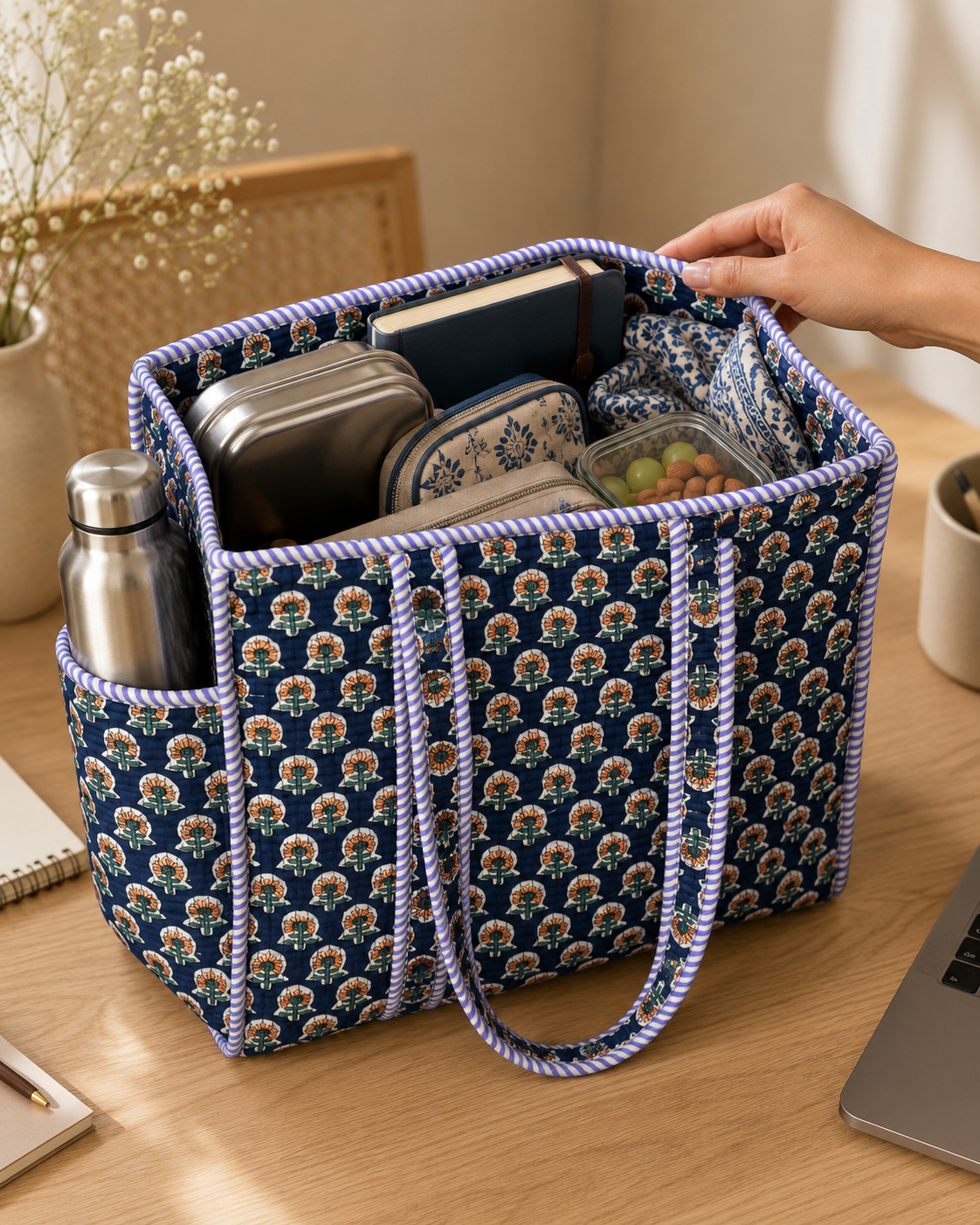 Navy Floral Medium Tote Bag