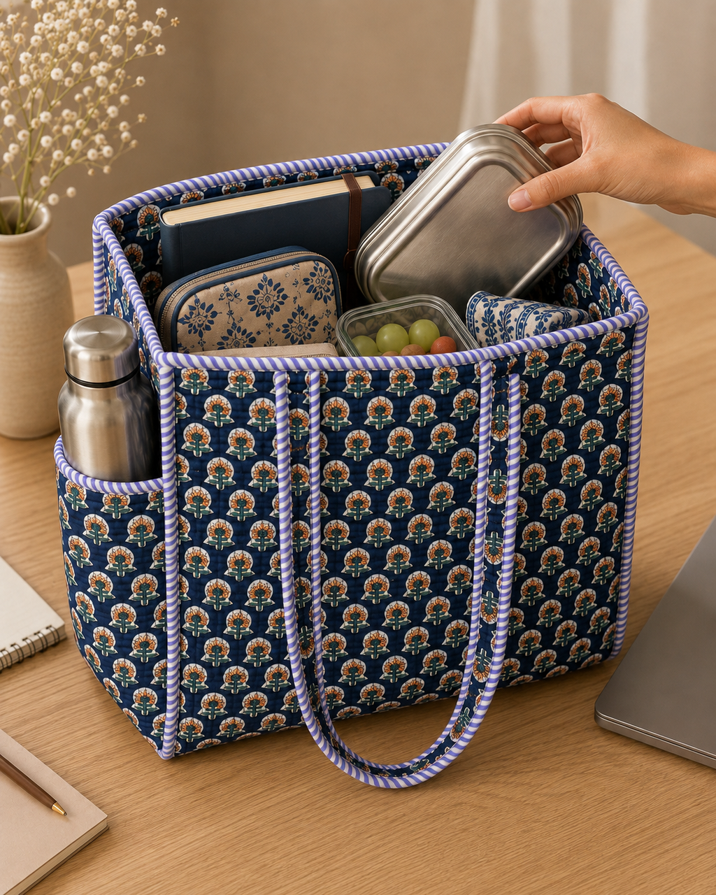 Navy Floral Medium Tote Bag