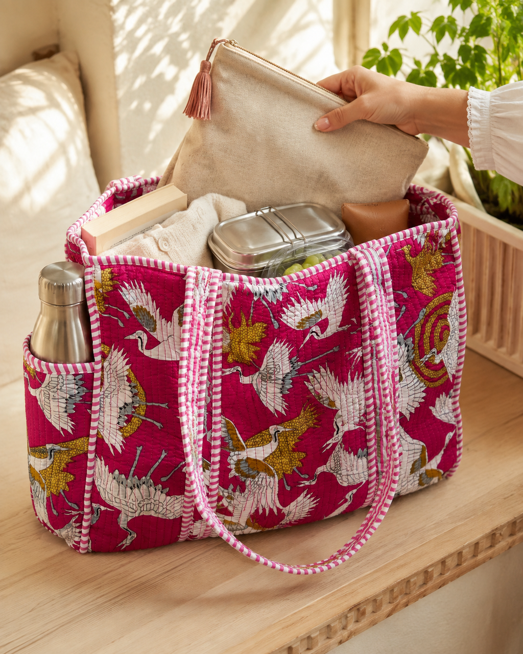 Magenta Cranes Medium Tote Bag