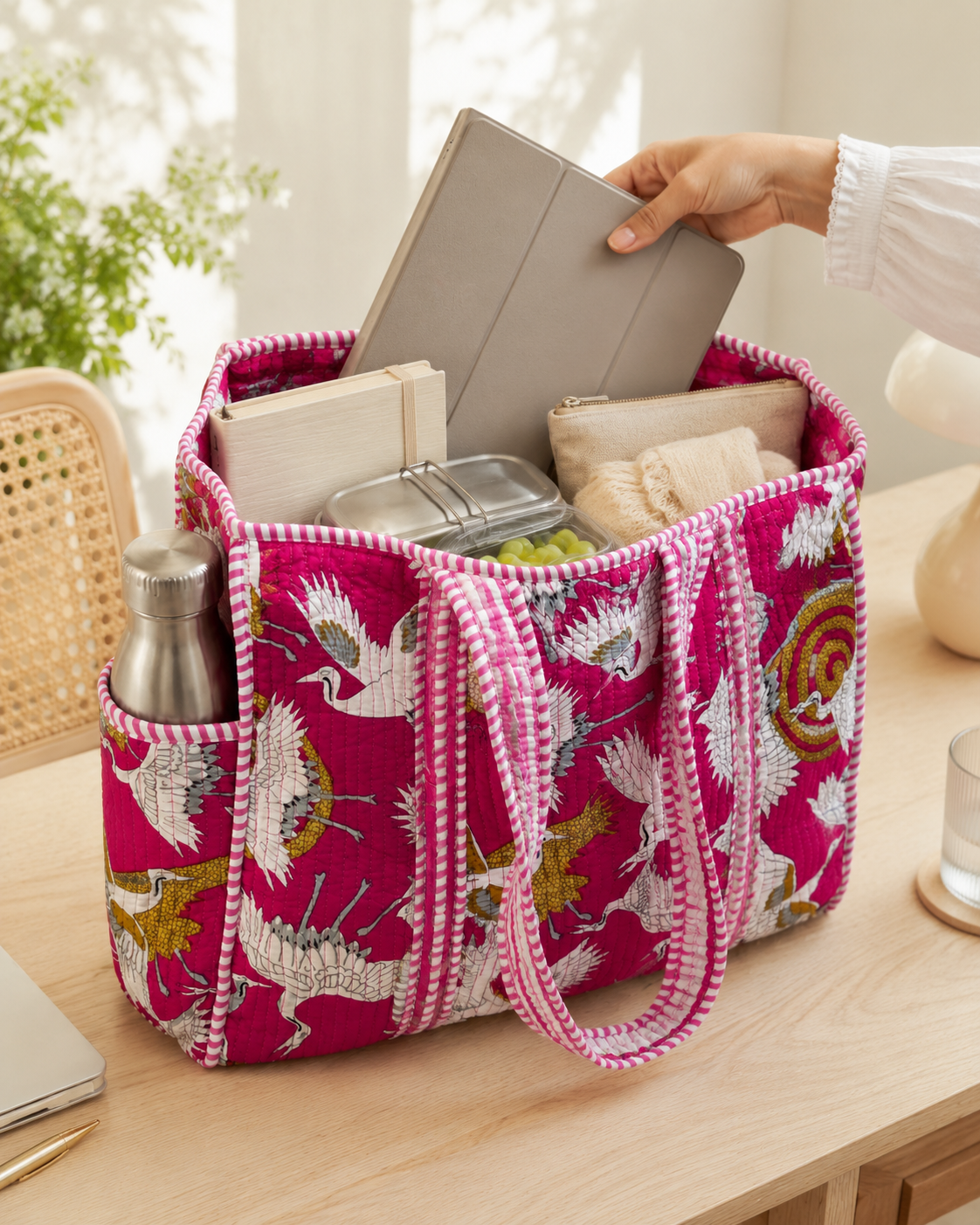 Magenta Cranes Medium Tote Bag