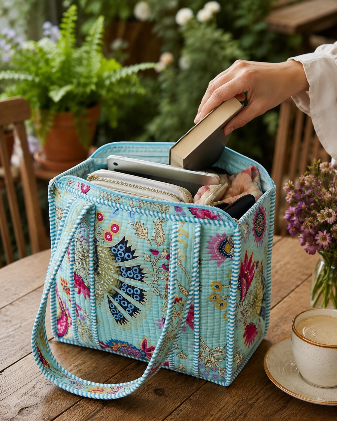 Aqua Folk Garden Mini Tote Bag