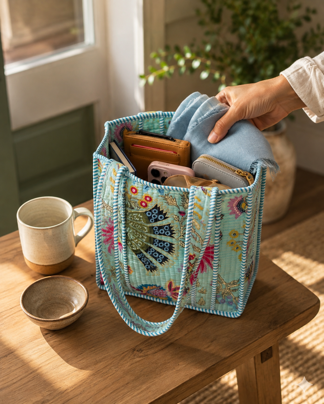 Aqua Folk Garden Mini Tote Bag