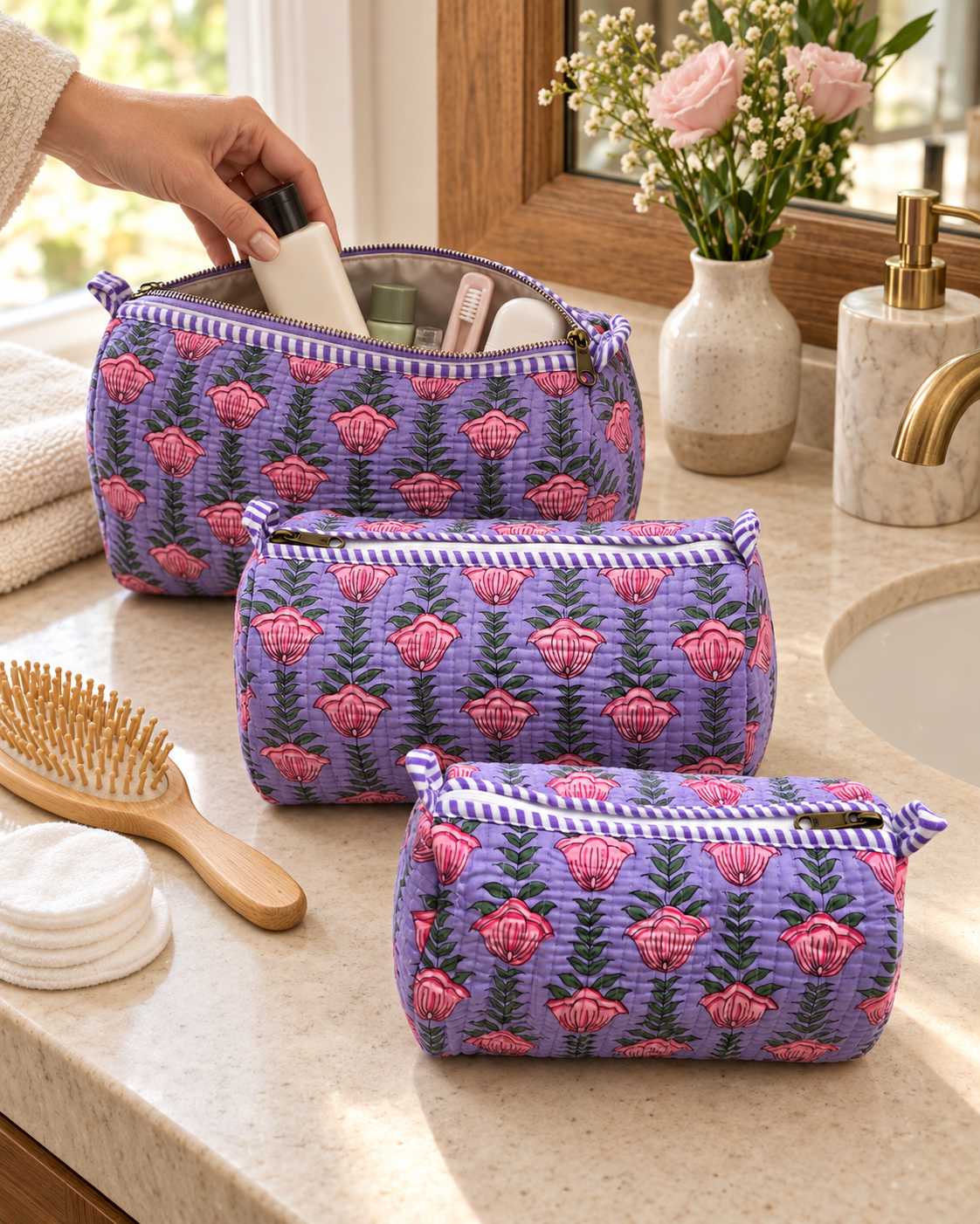 Lavender Rosebud 3 Piece Toiletry Bag
