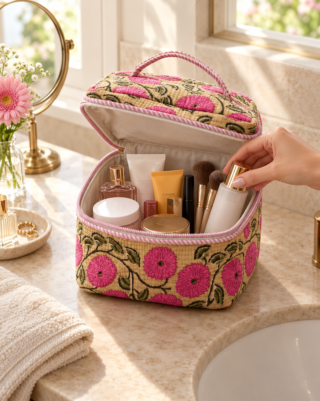 Pink Marigold Quilted Vanity Pouch