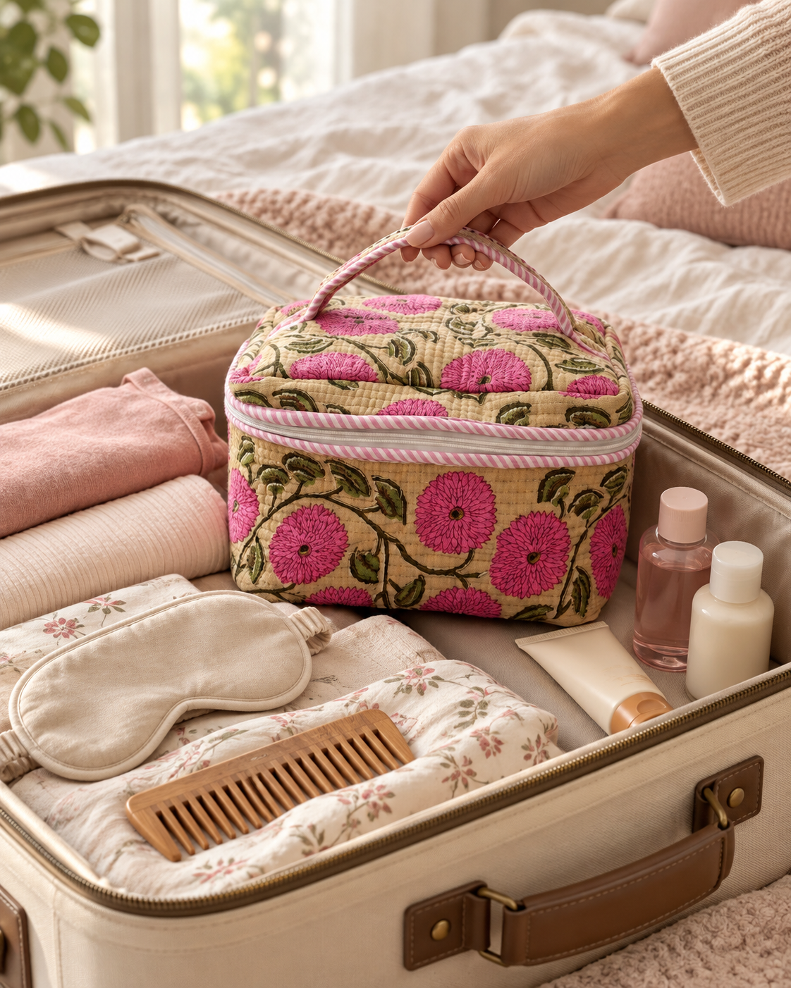 Pink Marigold Quilted Vanity Pouch