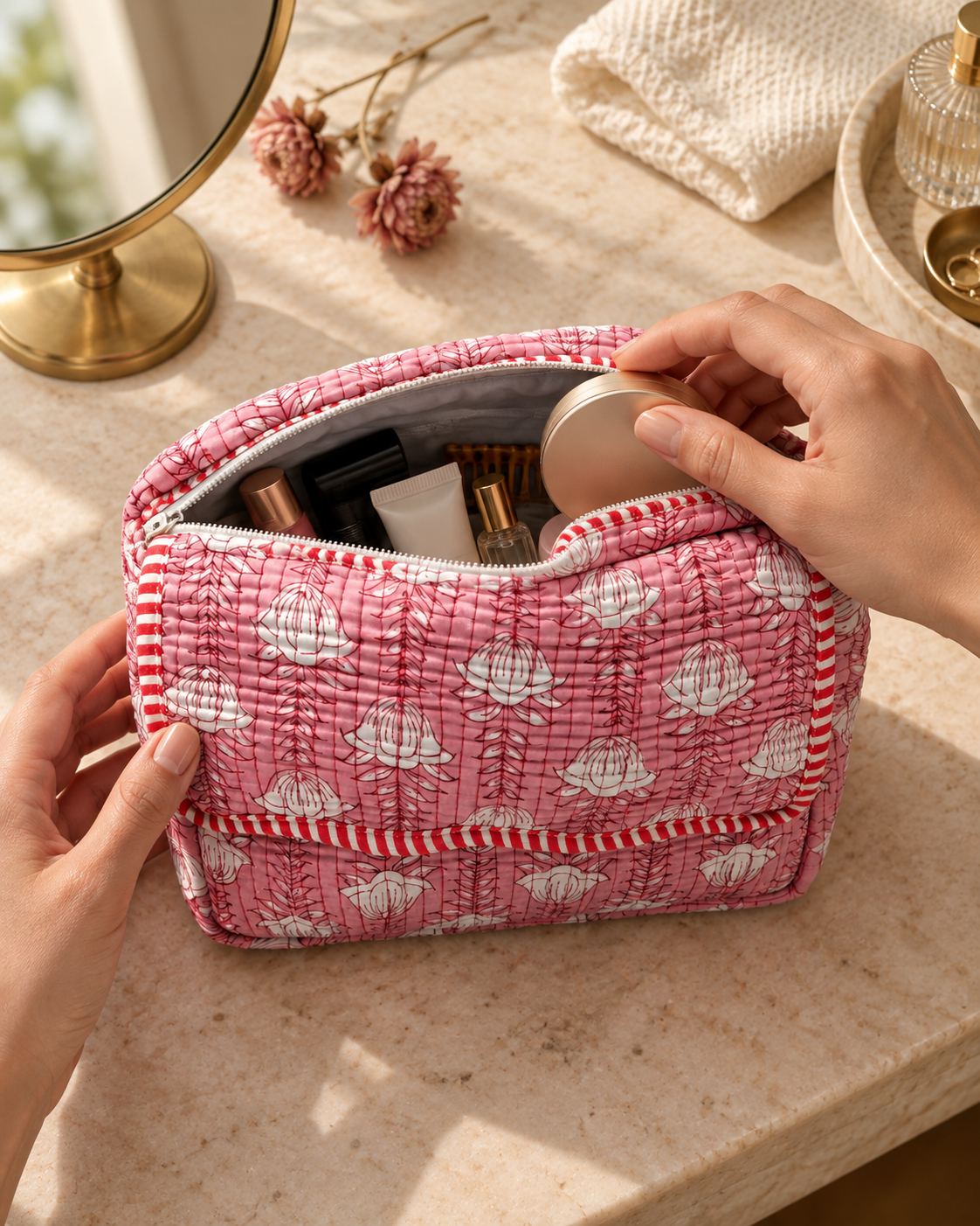 Blush Bloom Scallop Quilted Pouch