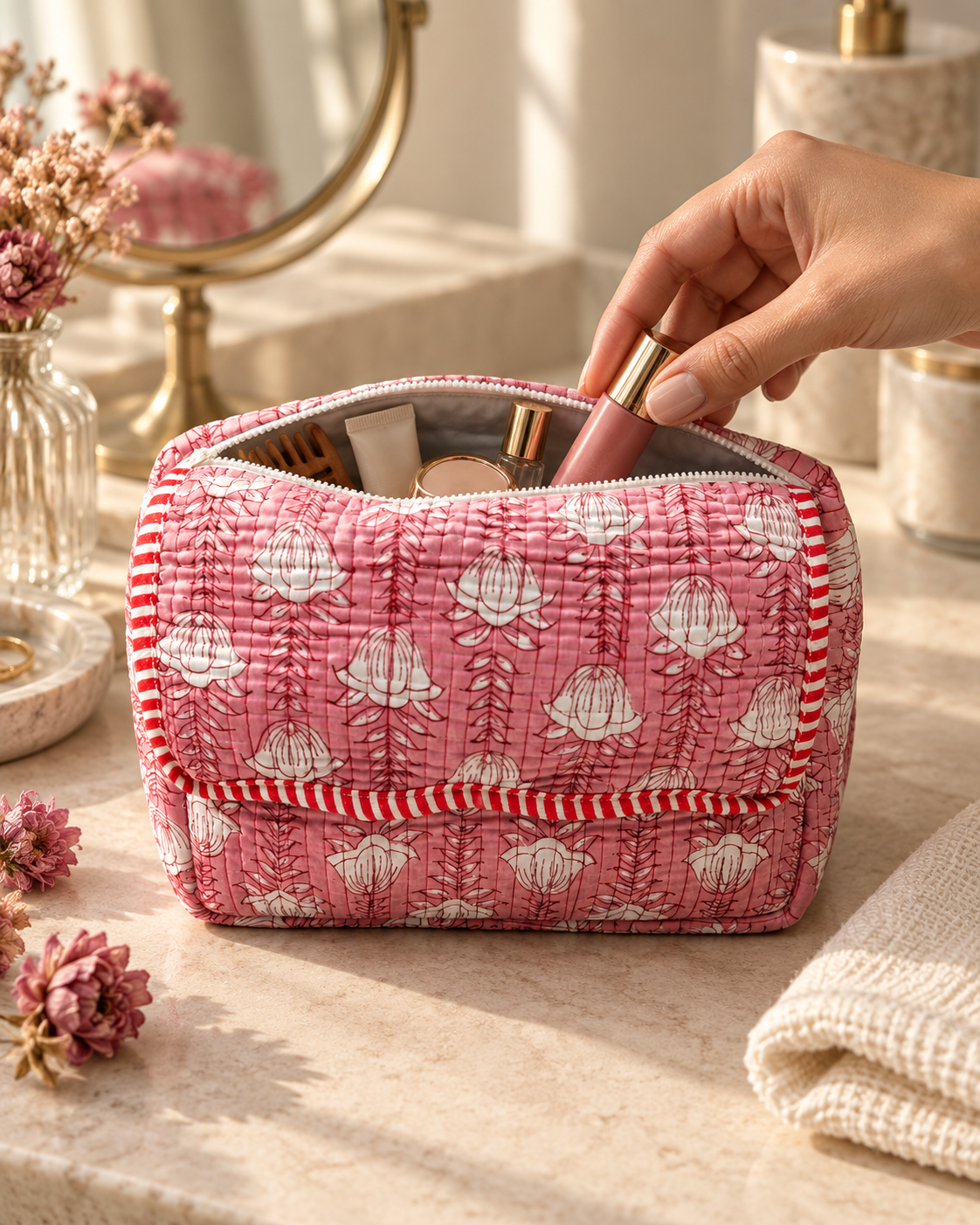 Blush Bloom Scallop Quilted Pouch
