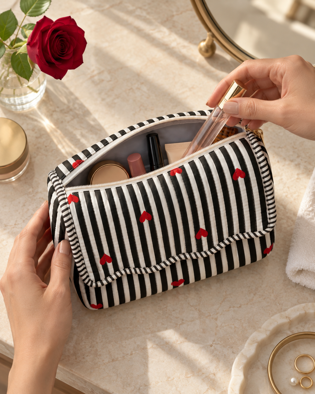 Monochrome Hearts Scallop Quilted Pouch
