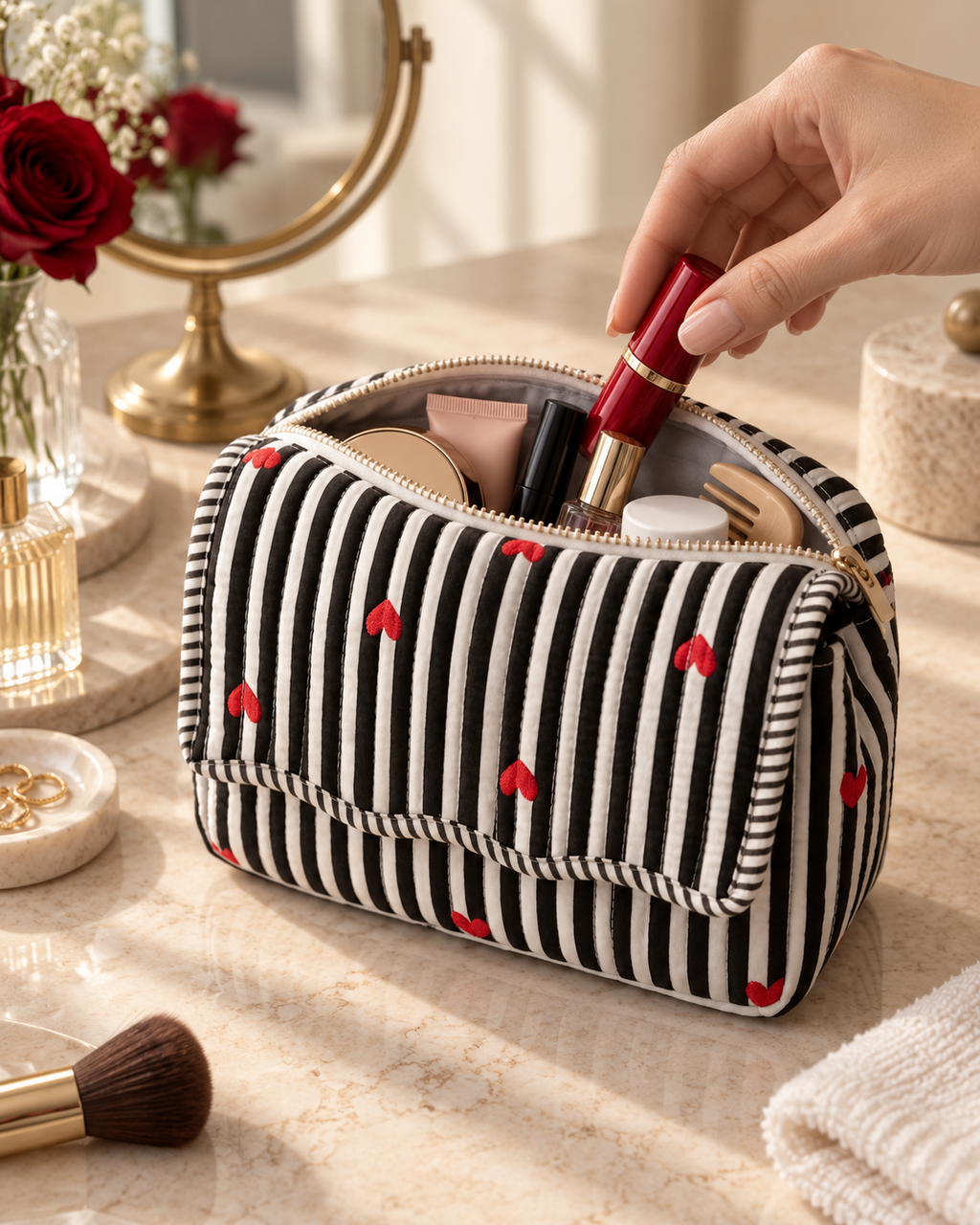 Monochrome Hearts Scallop Quilted Pouch
