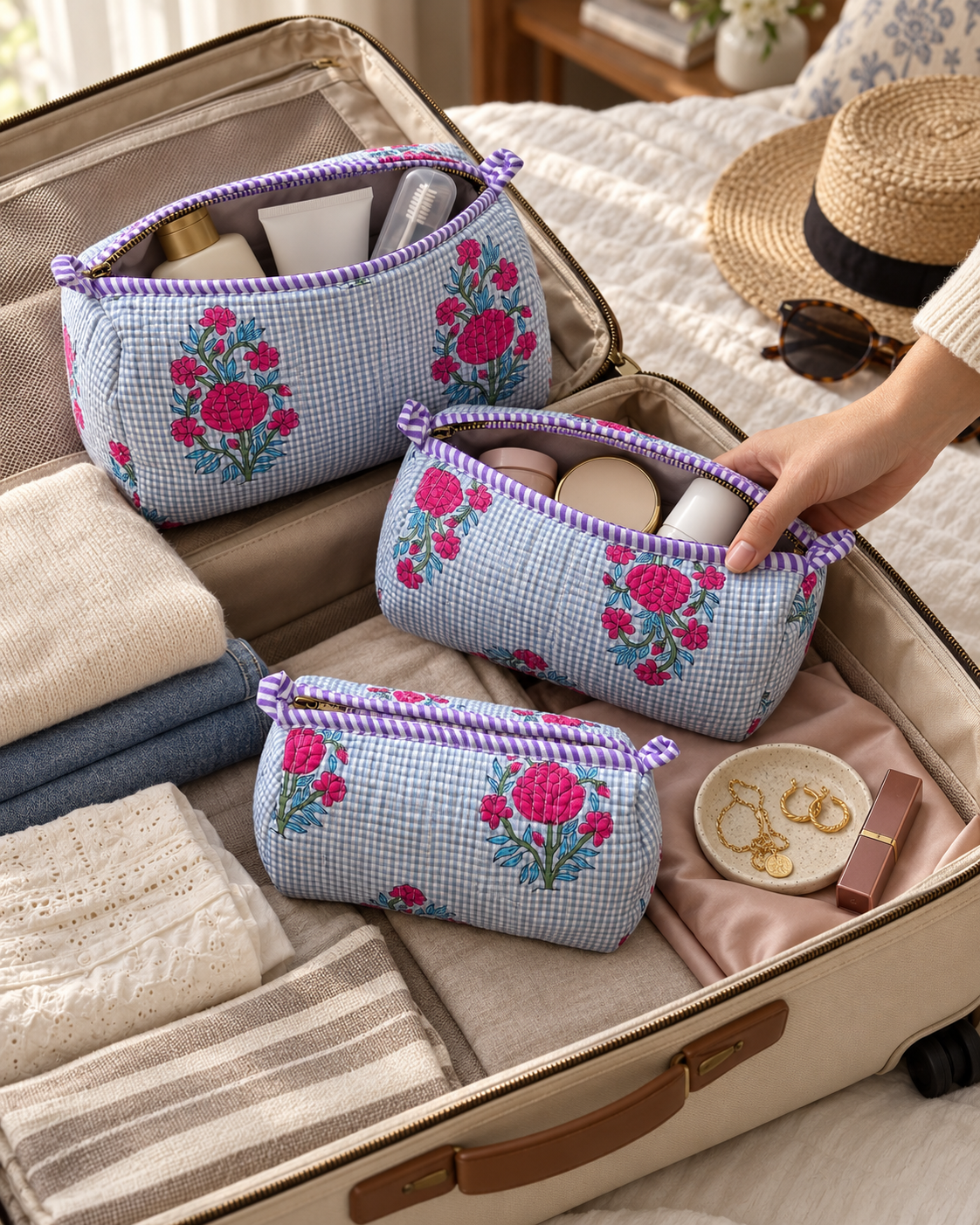 Pink Blossom Gingham 3 Piece Toiletry Bag