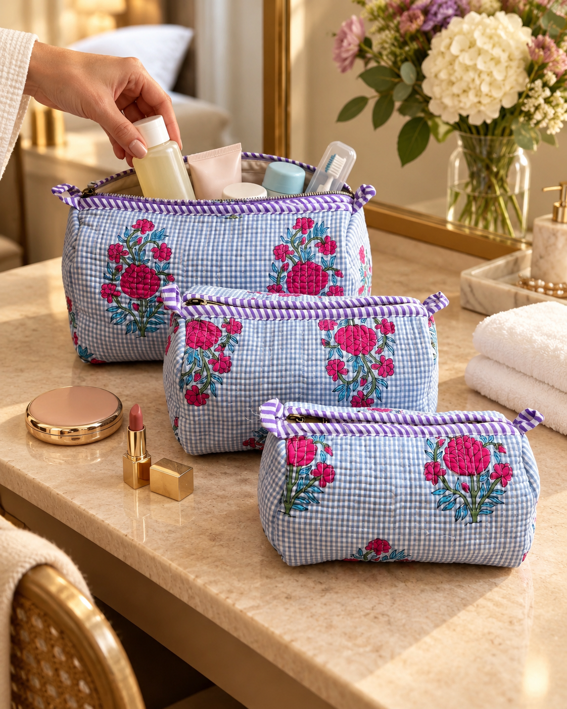 Pink Blossom Gingham 3 Piece Toiletry Bag