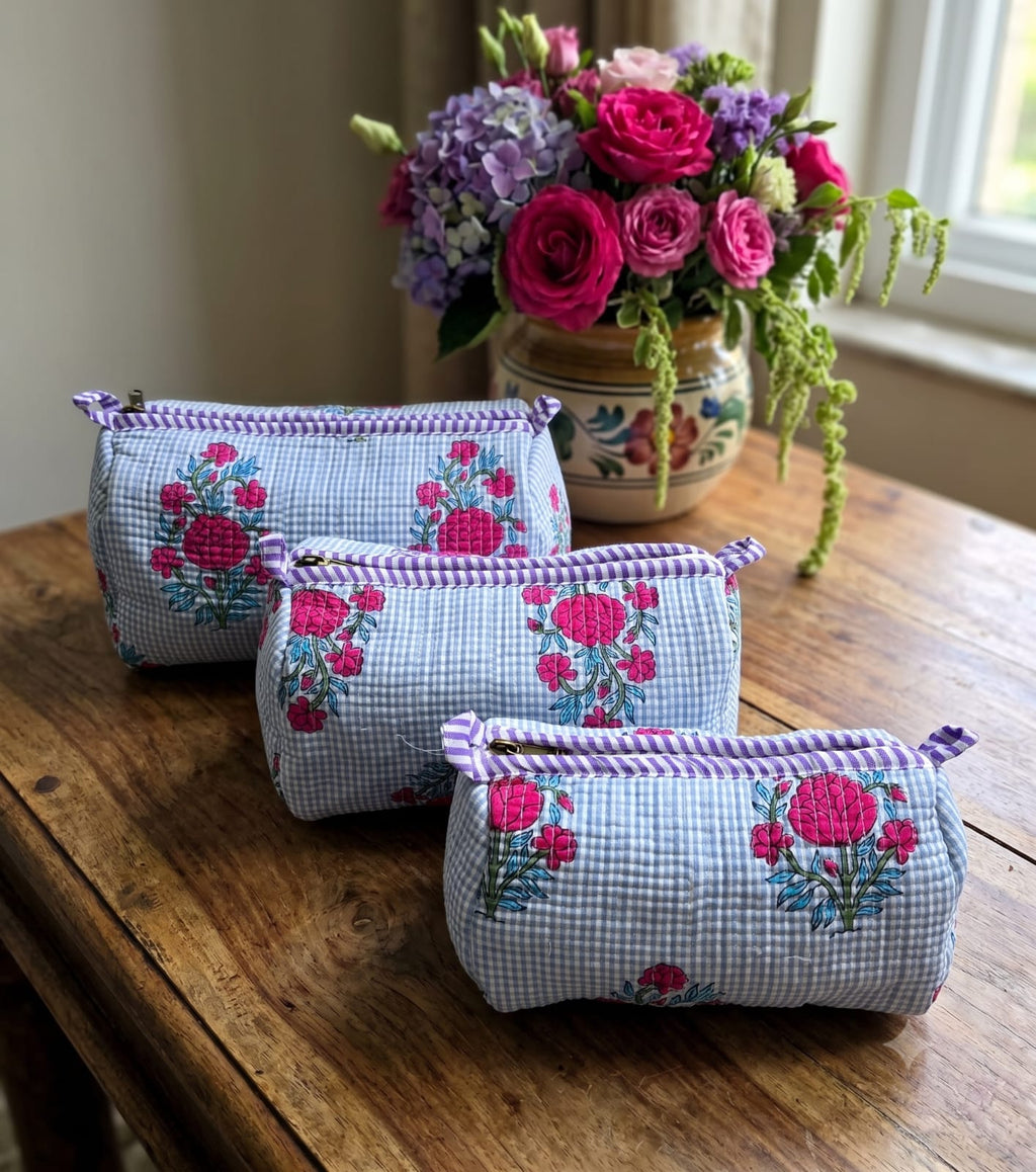 Pink Blossom Gingham 3 Piece Toiletry Bag