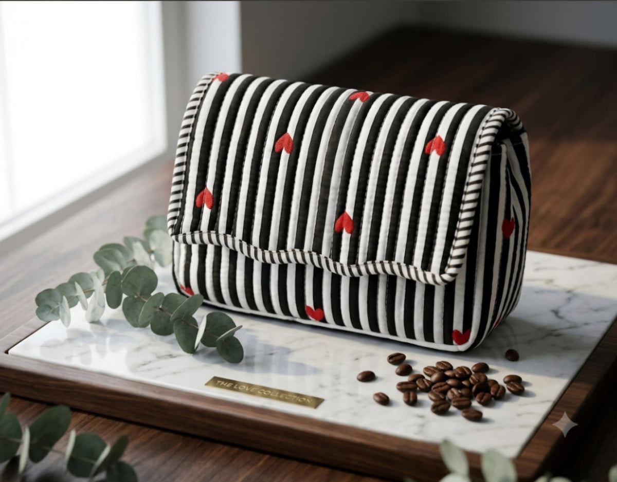 Monochrome Hearts Scallop Quilted Pouch